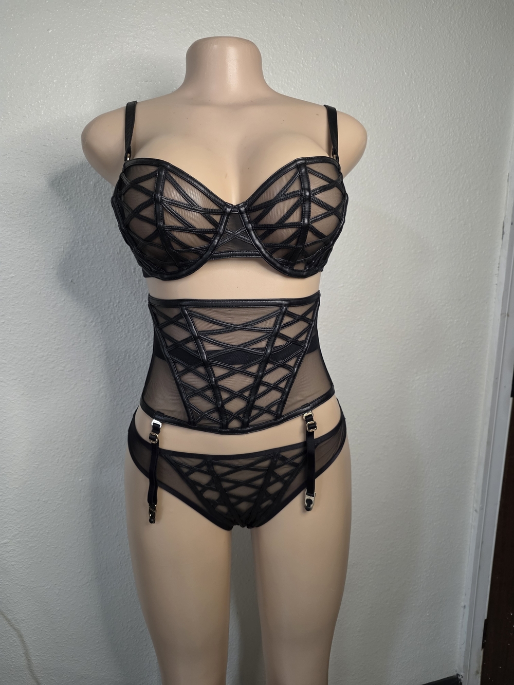 Honey Birdette Black Strappy Mesh Three-Piece Lingerie Set